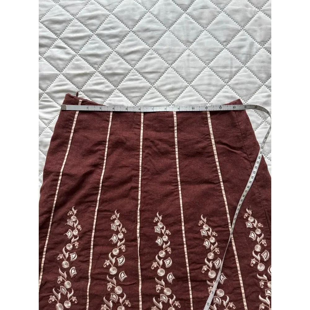 AZwell Linen Blend Embroidered Cottagecore Midi Skirt Brown Boho Prairie M - Picture 10 of 10